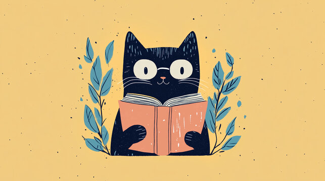 Adorable black cat with glasses holding an open book, surrounded by leaves, hand-drawn whimsical illustration, ideal for notebook or journal covers.