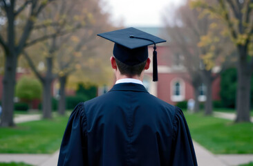 Graduate person on university background. Back view of man in black graduation hat with tassel,robe