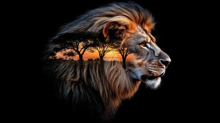 Naklejka premium Majestic Lion Silhouette: African Sunset Double Exposure