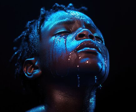 A young black boy eyes closed with tears, rain, or sweat running down his face.