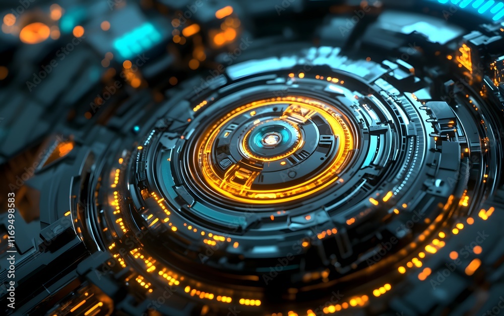 Poster a futuristic digital interface featuring intricate circular patterns and glowing elements in bright 