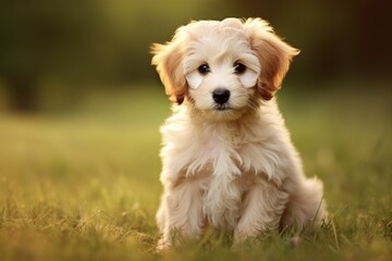 Adorable Mini Labradoodle Puppy Playing on Green Grass. Cute White Retriever with Labrador Genetics as Your New Pet Companion (AR 3:2)