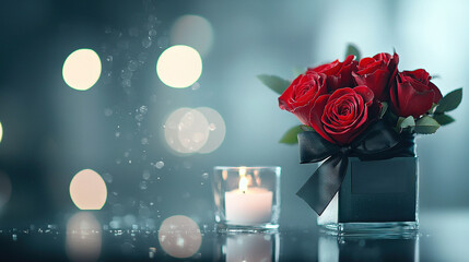   A bouquet of red roses perched atop a table beside a glass vase with flickering candlelight