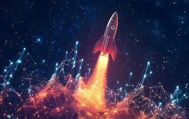 Fototapeta premium A futuristic rocket launching into space, surrounded by vibrant digital particles and a cosmic backdrop