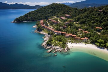 Naklejka premium Aerial View of Angra dos Reis Bay - Gated House Community by the Tropical Coastline with Hill Scenery