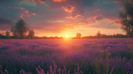 Obraz premium Beautiful natural surroundings, breathtaking sunset views, and lavender flowers in bloom. Pastel colors and a gloomy sky in a vivid scene. A panoramic view of a flower meadow with trees and the horizo