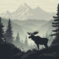 Majestic moose silhouette in misty mountain landscape.