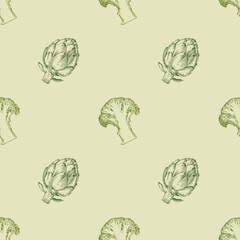 seamless pattern artichoke and broccoli , backround green healthy, line art illustration,green vegetables ornament, ready to print design textile wallpaper wrapping