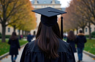 Graduate person on university background. Back view of woman in black graduation hat with tassel,robe
