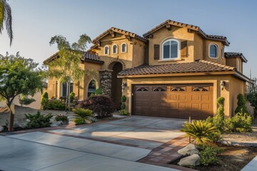 American Suburban Home Design with Blue Stone Exterior and Tiled Roof