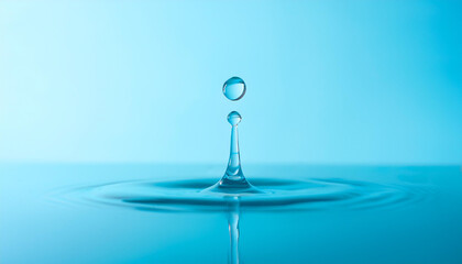 Clear water drop. Colorful gradient. Abstract art image. Minimalist style. Pastel blue background.