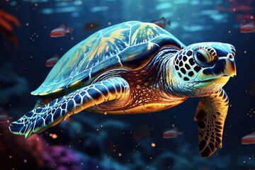 Fototapeta premium Aquatic Animals in Clear Turquoise Ocean. A Beautiful Turtle Swimming with Generative AI of Marine Wildlife in Ocean Life
