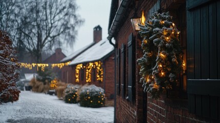 Winter Wonderland: Snow Covered Brick House with Christmas Wreath and Lights