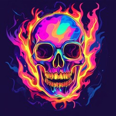 Neon skull engulfed in vibrant flames.