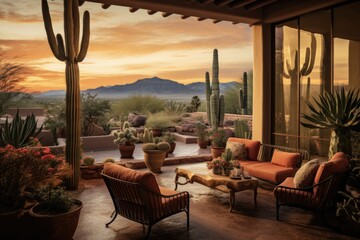Fototapeta premium Arizona Patio at Sunset: A Beautiful and Glamorous Outdoor Setting for Casual Summer Attire Amidst the Light of Cactus