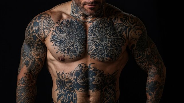 A man with a lot of tattoos on his chest and back