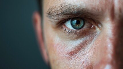 A man with a blue eye staring at the camera