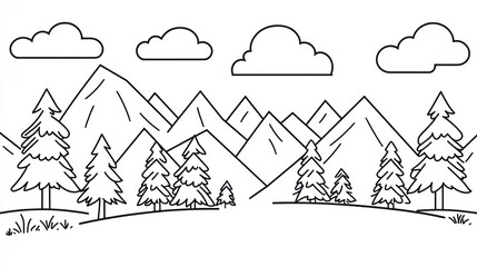 A Simple Line Drawing Of Mountains And Trees