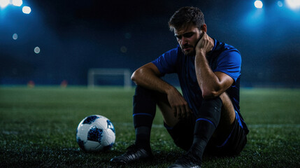 A soccer player sits on the field with a soccer ball next to him