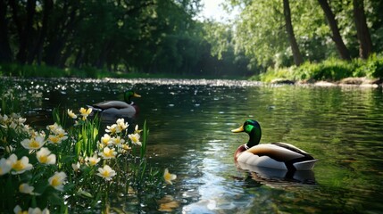 Two ducks are swimming in a river with a lot of flowers on the bank