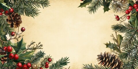 Festive Holiday Border With Pine Cones Berries And Holly
