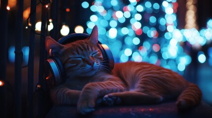 Obraz premium Ginger Cat with Headphones in a Festive Night