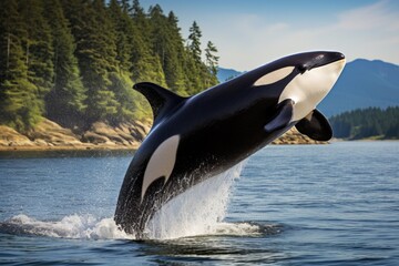 Obraz premium Bigg's Orca Whale Jumping in Vancouver Island's Coastal Waters, Canada