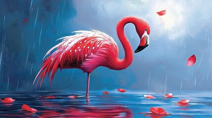   A pink flamingo stands in a body of water with red petals falling from its wings