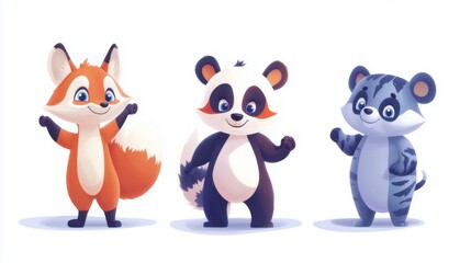 Obraz premium Colorful cartoon characters of a fox, panda, and tiger showcasing friendship and fun in a lively design