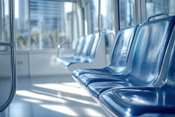 Empty blue seats in a modern public transport vehicle, sunlight streaming through large windows.