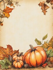 Autumnal Harvest Pumpkins and Fall Leaves on Vintage Paper