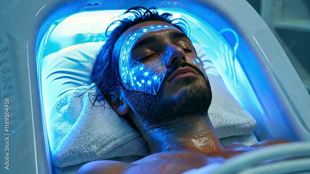 Poster a patient relaxes in a modern clinic while receiving advanced stem treatment. the futuristic setup f