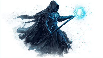 Fototapeta premium Hooded sorcerer wielding a glowing magical staff, surrounded by an icy aura and swirling blue energy effects