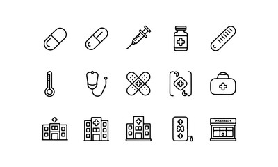 Pharmacy icons set. set of pharmacy outline icons such as medical