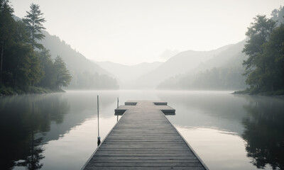 A minimalist scene of an empty dock extending into a calm lake, with soft fog rising from the water