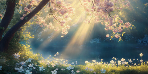Soft sunlight filtering through trees, with a scenic backdrop of blooming flowers and a serene lake.