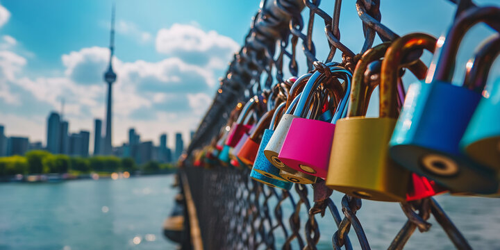 A close-up of colorful love locks attached to a bridge  - Powered by Adobe