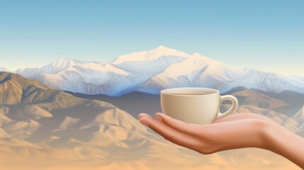 Enjoying a warm drink while admiring majestic mountain scenery at sunrise