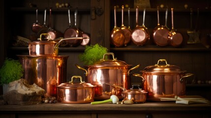 Brass Collection of Copper Cookware Set for Kitchen with Cover. Empty Pots and Pans in Metal 5 Group for Cooking and Food - 16:9 Aspect Ratio