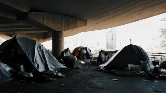 Urban homeless camp underpass  evening light and shadows play in cityscape