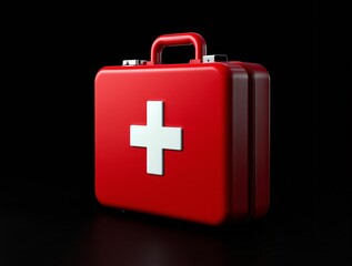 Obraz premium A red medical first aid kit with a white cross symbol on it, against a isolated dark background, vibrant red first aid box, created with generative ai