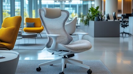 Modern white mesh office chair in contemporary workspace.