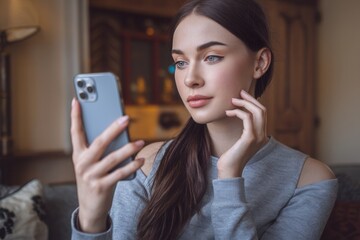 Attraktive junge Frau mit glatten dunklen Haaren schaut auf ihr Smartphone