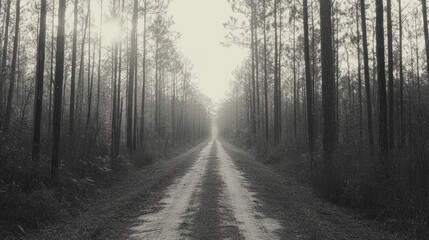 A sunlit path vanishes into a misty pine forest