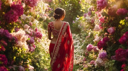 Woman in red sari walks through vibrant flower garden.