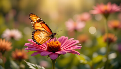 Obraz premium A butterfly rests on a vibrant flower, sparkling in the warm sunlight of a tranquil garden full of beauty. Hello spring 
