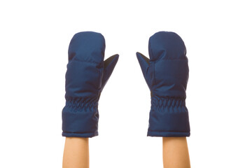 Little child boy hands in dark blue waterproof warm winter mittens isolated on white background. Closeup. Front view.
