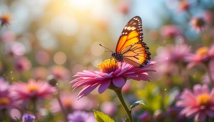 Naklejka premium A butterfly rests on a vibrant flower, sparkling in the warm sunlight of a tranquil garden full of beauty. Hello spring 