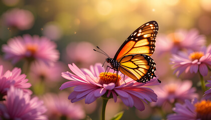 Fototapeta premium A butterfly rests on a vibrant flower, sparkling in the warm sunlight of a tranquil garden full of beauty. Hello spring 