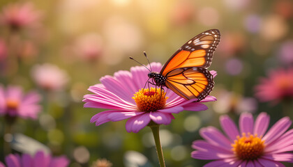 A butterfly rests on a vibrant flower, sparkling in the warm sunlight of a tranquil garden full of beauty. Hello spring 